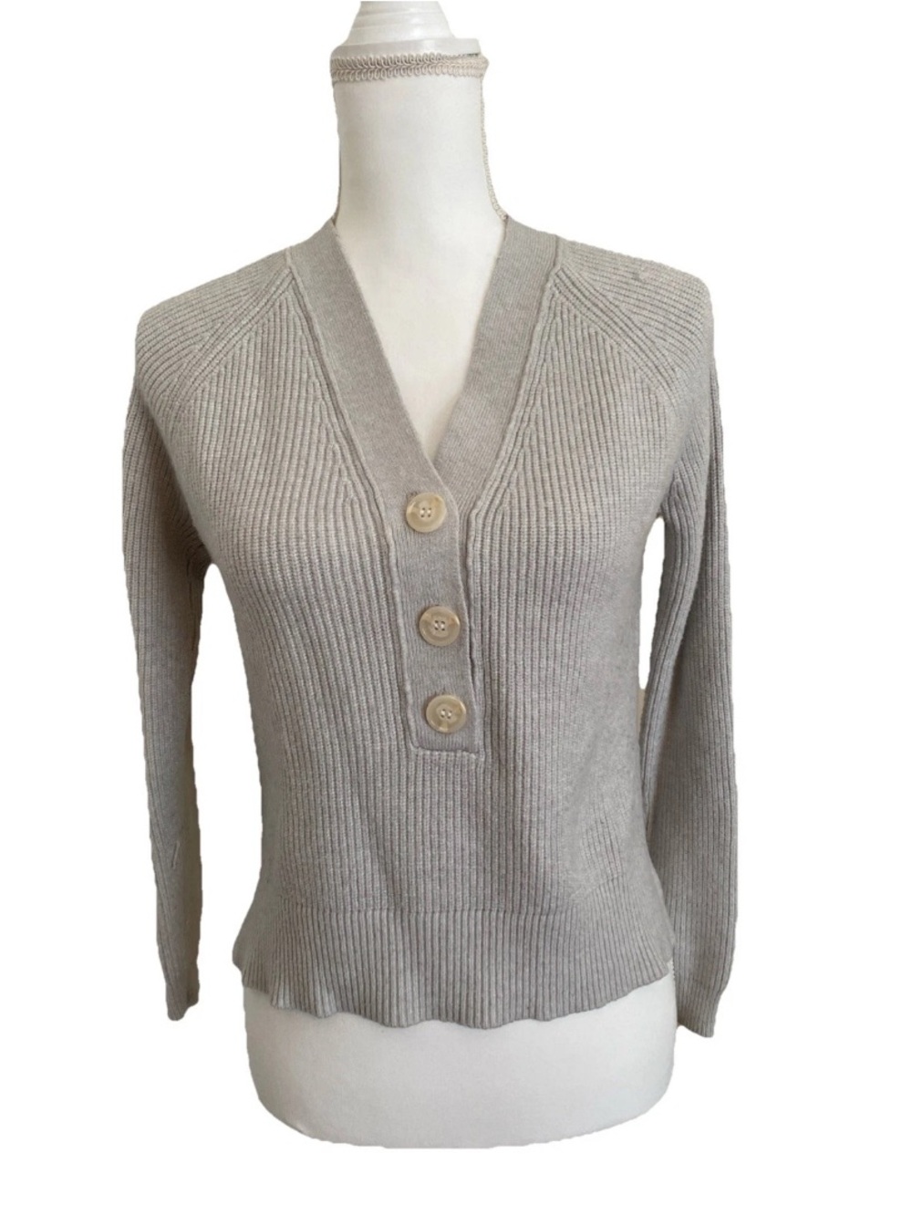 V-Neck Button Ribbed Sweater - Light Gray